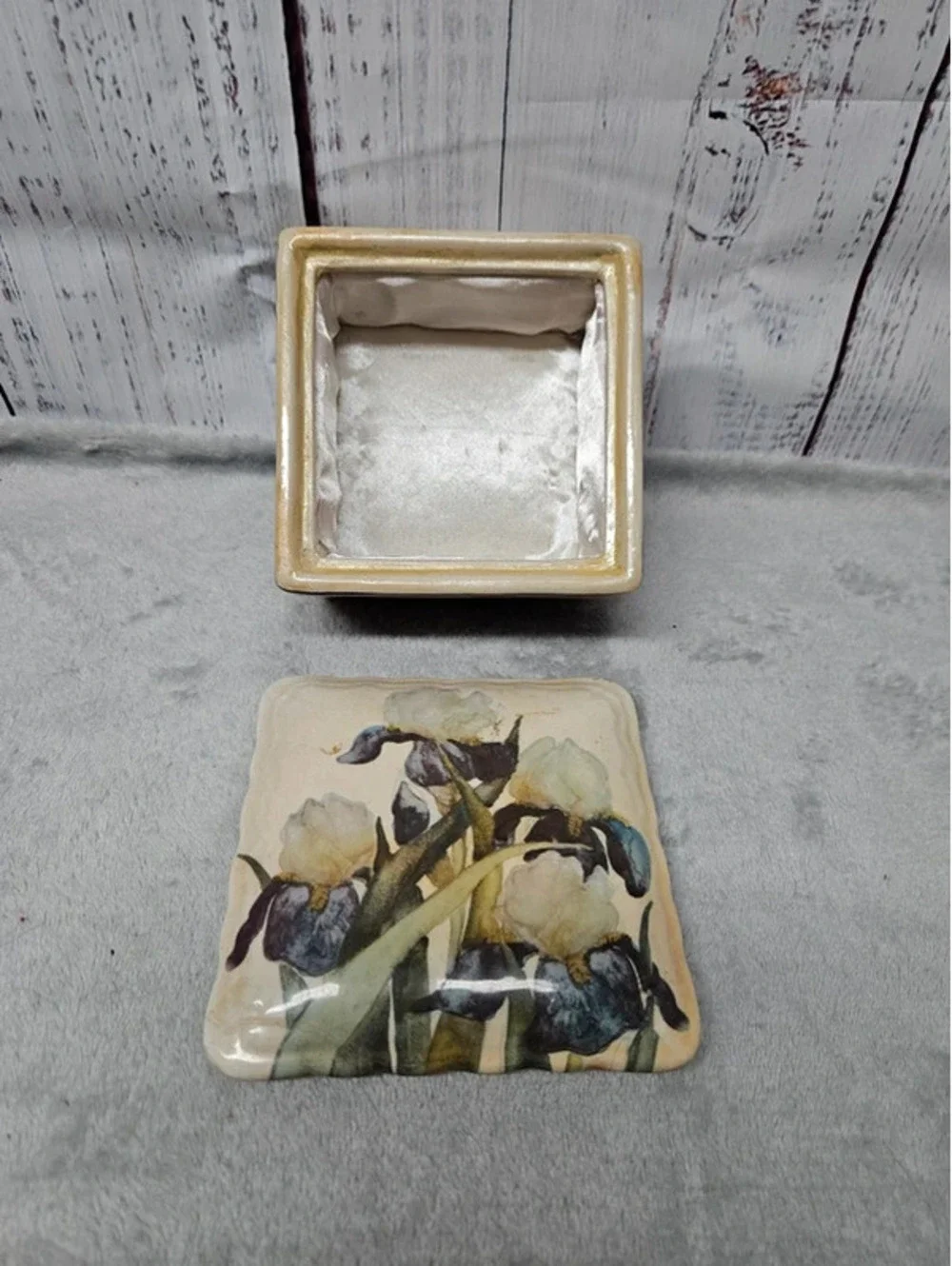 Square Ceramic Painted Jewelry Box w/ Padded Satin Interior